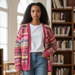 Vintage Tiara International Multicolor Fair Isle Knit Cardigan Sweater